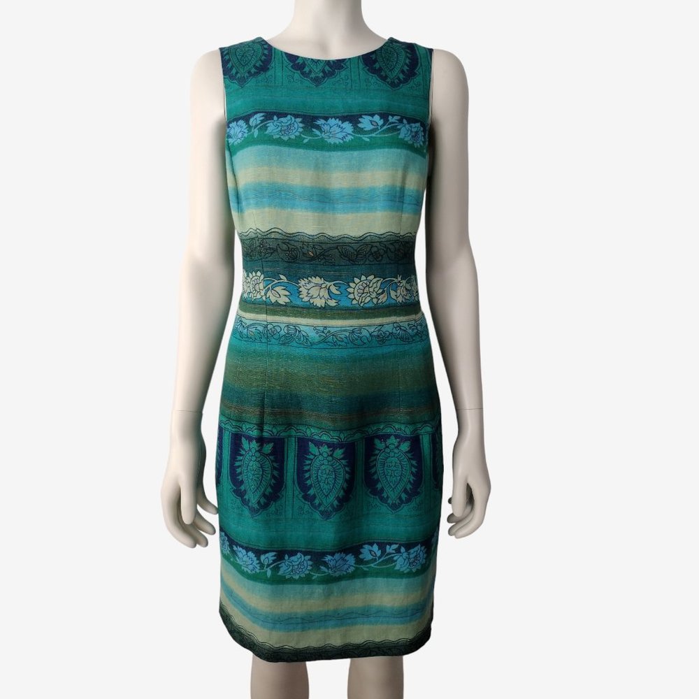 Vintage 1990s Blue Floral Striped Keyhole Back Tailored Sheath Dress 12